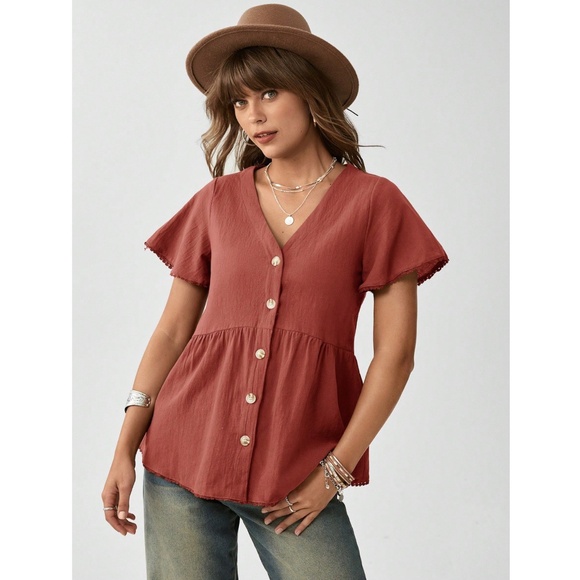 Cotton Burnt Orange Short Sleeve Shirt Button Down V-Neck - Picture 6 of 8